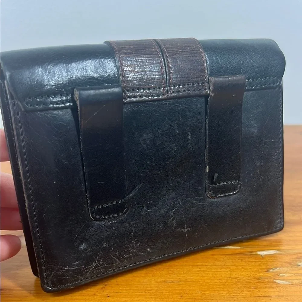 Compact Black and Brown Leather Belt Wallet with Metal Studs